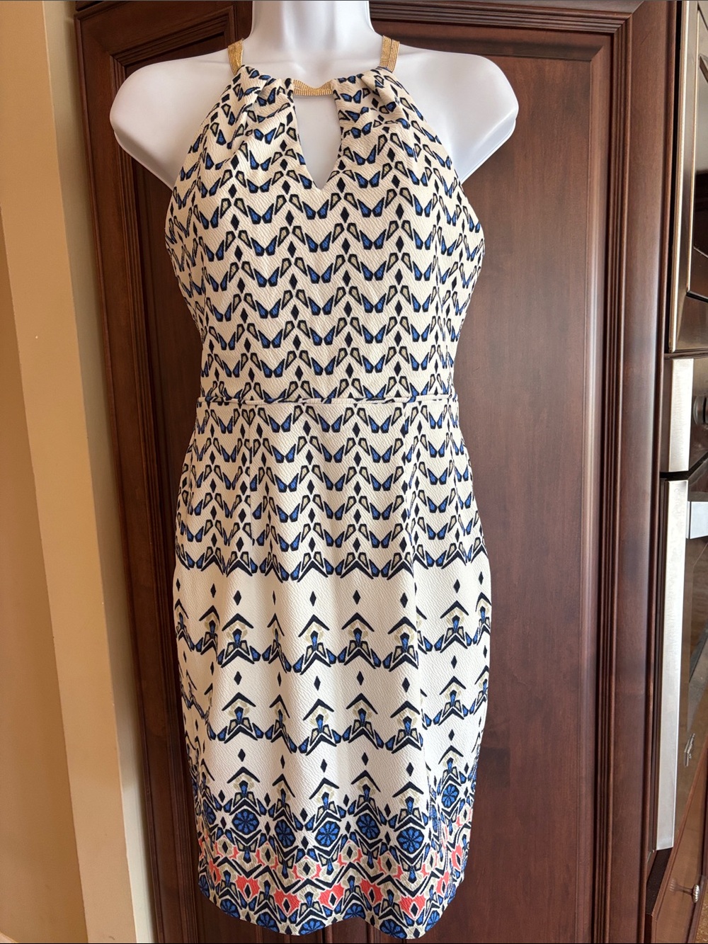 Halter Neck Printed Sheath Dress in White and Navy